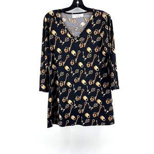 Attitudes by Ren'ee Women's Long Top Shirt Dress  Black Gold Keys Locks Size M